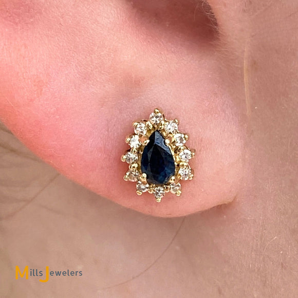 14K Yellow Gold 0.50cts Blue Sapphire 0.24cts Diamond Stud Earrings