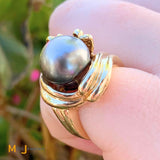 14K Yellow Gold Black South Sea Tahitian Pearl Cocktail Ring Size 5.25