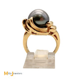 14K Yellow Gold Black South Sea Tahitian Pearl Cocktail Ring Size 5.25