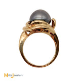 14K Yellow Gold Black South Sea Tahitian Pearl Cocktail Ring Size 5.25