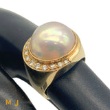 Signed 'W' 14K Yellow Gold Mabe White Pearl .22ct Diamond Ring Size 5.25