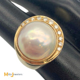 Signed 'W' 14K Yellow Gold Mabe White Pearl .22ct Diamond Ring Size 5.25