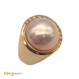 Signed 'W' 14K Yellow Gold Mabe White Pearl .22ct Diamond Ring Size 5.25