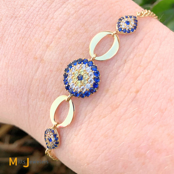 14K Yellow Gold 0.445ctw Blue Sapphire Cubic Zirconia Evil Eye Bracelet