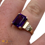 14K Yellow Gold 4.44ct Emerald Cut Amethyst Diamond Cocktail Ring Size 7.25