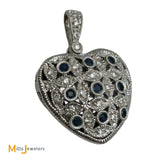 14K White Gold 0.16cts Blue Sapphire 0.10cts Diamond Heart Locket Pendant