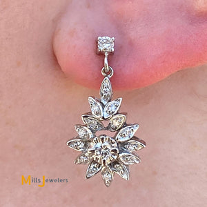 Vintage 14K White Gold 0.68ctw Diamond Cluster Flower Dangle Earrings