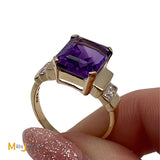 14K Yellow Gold 4.44ct Emerald Cut Amethyst Diamond Cocktail Ring Size 7.25