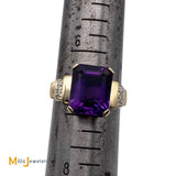 14K Yellow Gold 4.44ct Emerald Cut Amethyst Diamond Cocktail Ring Size 7.25