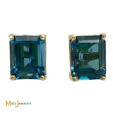 14K Yellow Gold 8.94ctw Emerald Cut Blue Topaz Stud Earrings