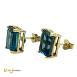 14K Yellow Gold 8.94ctw Emerald Cut Blue Topaz Stud Earrings