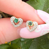 14K Yellow Gold 0.12cts Emerald 0.08cts Diamond Stud Heart Earrings