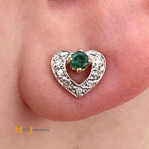 14K Yellow Gold 0.12cts Emerald 0.08cts Diamond Stud Heart Earrings