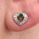 14K Yellow Gold 0.12cts Emerald 0.08cts Diamond Stud Heart Earrings