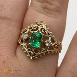 14K Yellow Gold 0.69ct Emerald 0.16cts Diamond Cocktail Ring Size Size 6