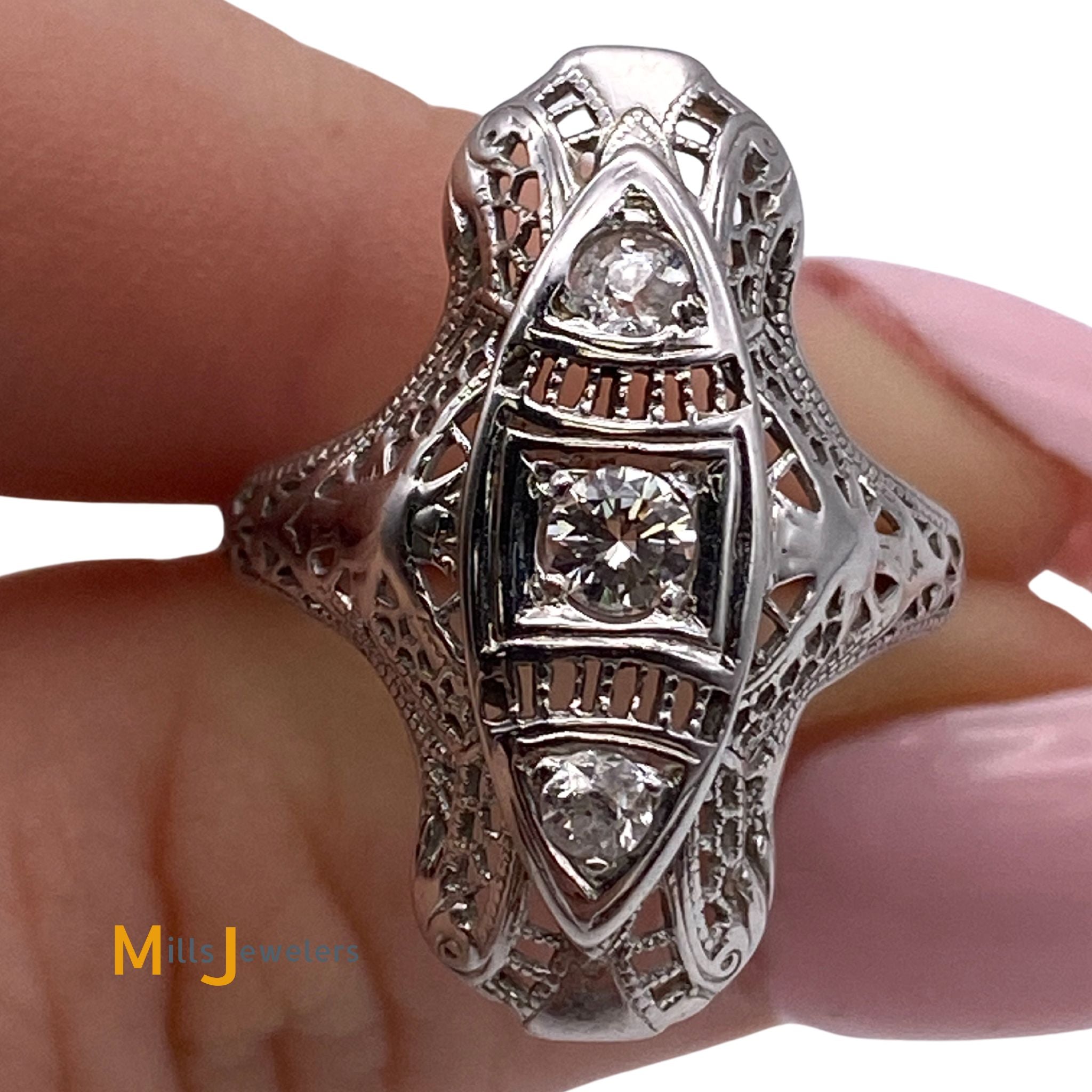 Art Deco Diamond Solitaire Filigree Ring 18k deals White Gold Size 4.75