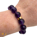 14K Yellow Gold 9-Stone Amethyst Round Bead Bracelet up to 6” Wrist Size