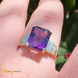 14K Yellow Gold 4.44ct Emerald Cut Amethyst Diamond Cocktail Ring Size 7.25