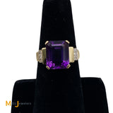 14K Yellow Gold 4.44ct Emerald Cut Amethyst Diamond Cocktail Ring Size 7.25