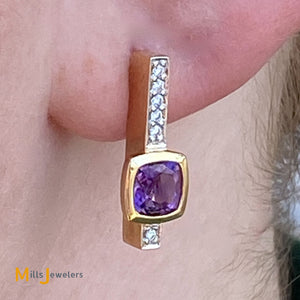 14K Yellow Gold 0.92cts Amethyst 0.06cts Diamond Drop Stud Earrings