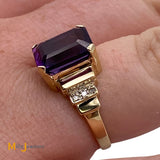 14K Yellow Gold 4.44ct Emerald Cut Amethyst Diamond Cocktail Ring Size 7.25