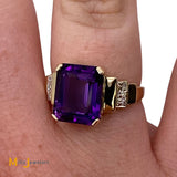 14K Yellow Gold 4.44ct Emerald Cut Amethyst Diamond Cocktail Ring Size 7.25