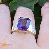 14K Yellow Gold 4.44ct Emerald Cut Amethyst Diamond Cocktail Ring Size 7.25