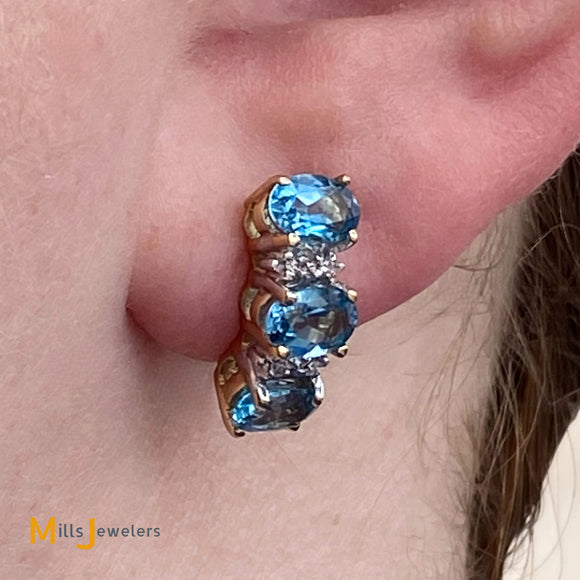 14K Two-Tone Gold 2.76 Blue Topaz 0.04cts Diamond Stud Dangle/Drop Earrings