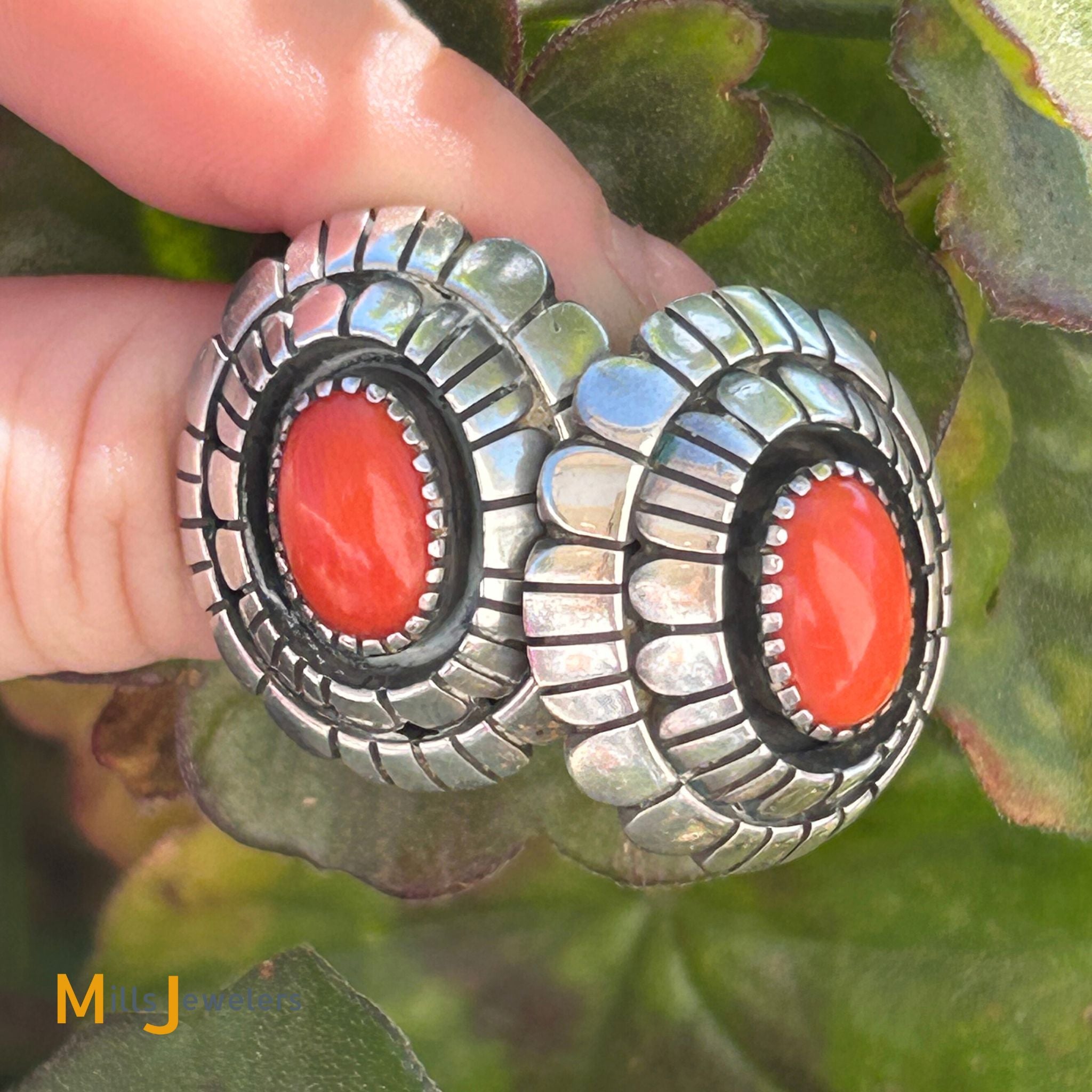 Chester Benally Navajo Signed Sterling Silver 925 Coral Earrings 
