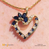 14K Yellow Gold 1.17cts Blue Sapphire 0.15cts Diamond Heart Slide Pendant