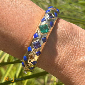 Signed OM 18K Yellow Gold GIA Zambian Emerald Lapis Tanzanite Bangle Bracelet