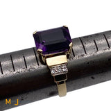 14K Yellow Gold 4.44ct Emerald Cut Amethyst Diamond Cocktail Ring Size 7.25