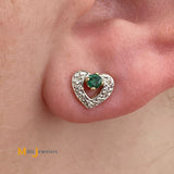 14K Yellow Gold 0.12cts Emerald 0.08cts Diamond Stud Heart Earrings