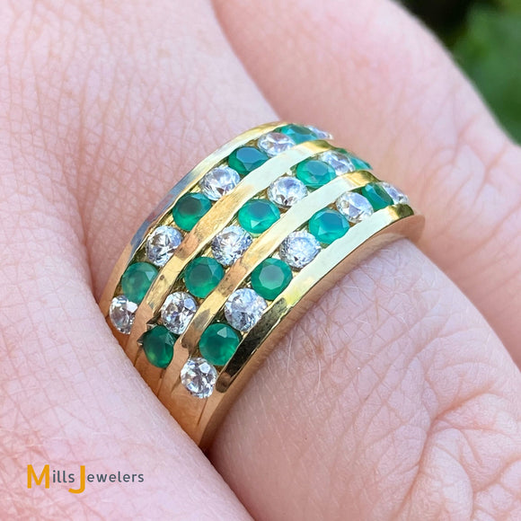 18K Yellow Gold 0.56cts Diamond 0.52cts Emerald Wide Band Ring Size 7.25