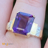 14K Yellow Gold 4.44ct Emerald Cut Amethyst Diamond Cocktail Ring Size 7.25