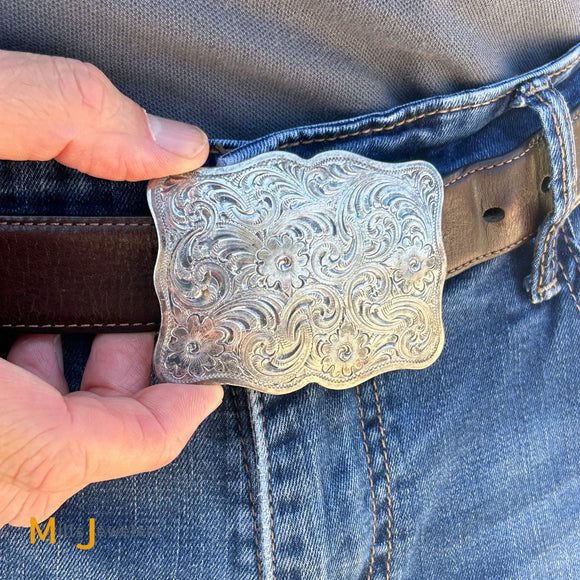 Vintage Hand Engraved SSS Sterling Silver 925 Large Belt Buckle