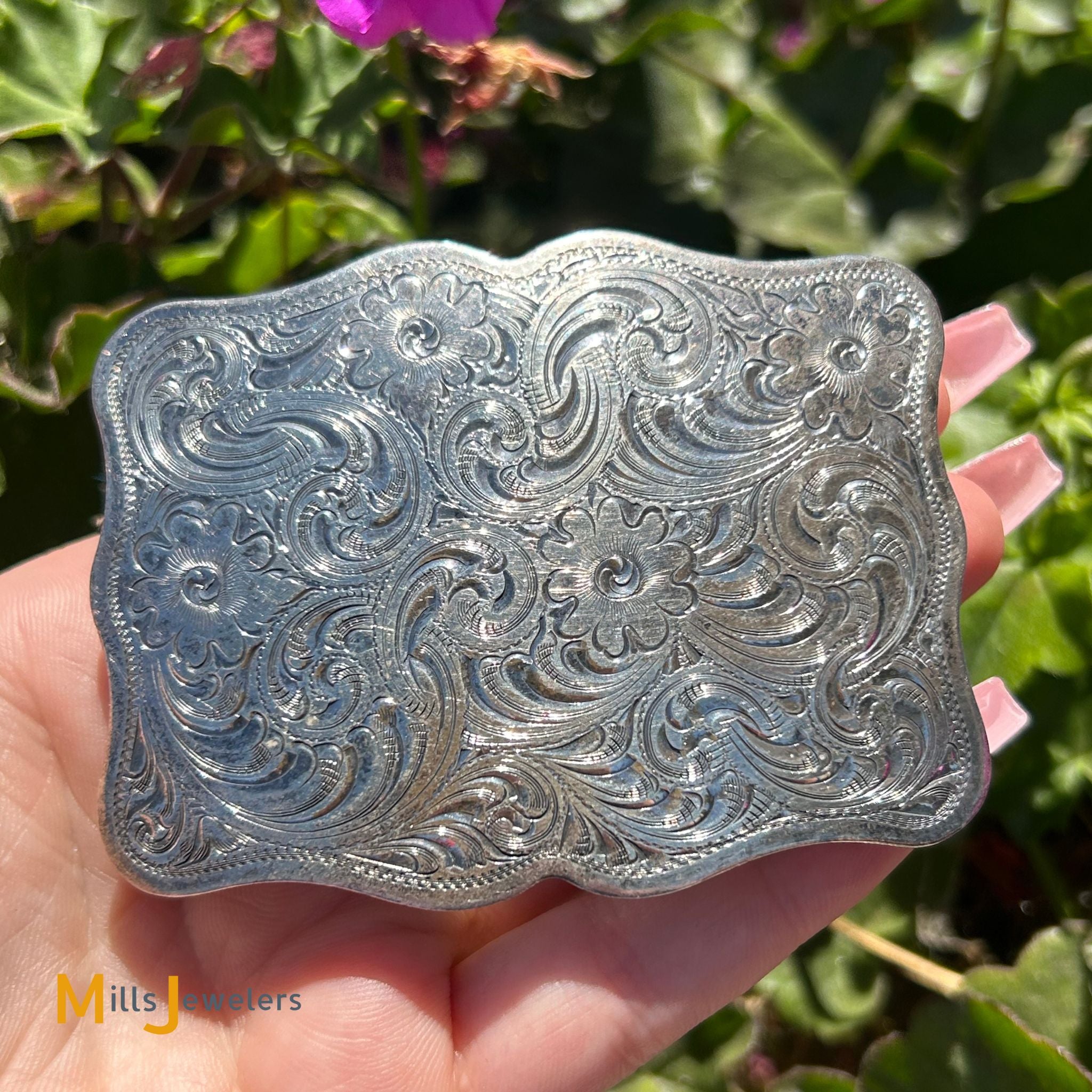 Sterling good Silver Belt Buckle, Engraved, Antique