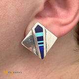 Ray Tracey Knifewing Navajo Sterling Silver 925 Lapis Turquoise Inlaid Clip On Earrings