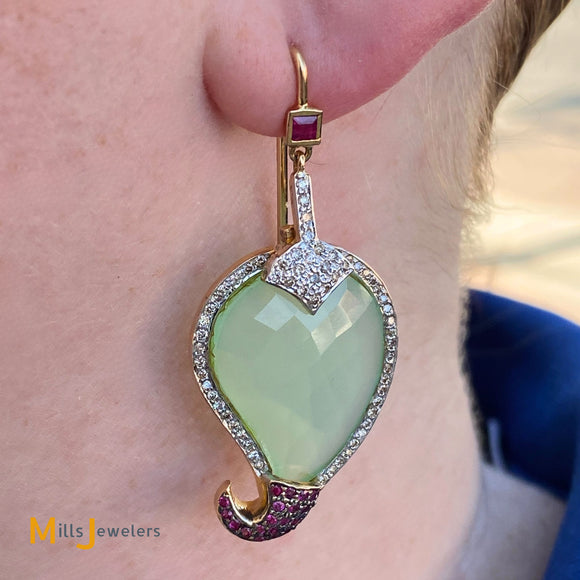 14K Yellow Gold Jade 0.72cts Diamond 0.20cts Pink Gemstone Dangle Earrings