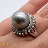 18K White Gold Pearl 0.35cts Diamond Cocktail Ring Size 7.25