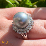 18K White Gold Pearl 0.35cts Diamond Cocktail Ring Size 7.25