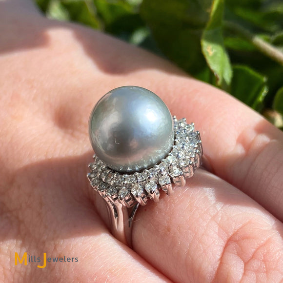 18K White Gold Pearl 0.35cts Diamond Cocktail Ring Size 7.25