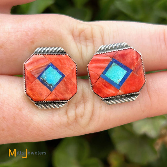 Sterling Silver 925 Inlaid Coral Turquoise Lapis Men's Bullet Back Cufflinks