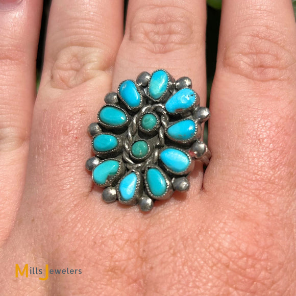 Sterling Silver 925 Petit Point Turquoise Ring Size 7.5