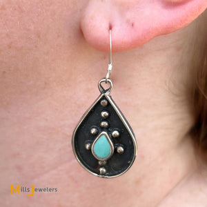 Large Turquoise Shadowbox Teardrop Sterling Silver 925 Dangle Earrings