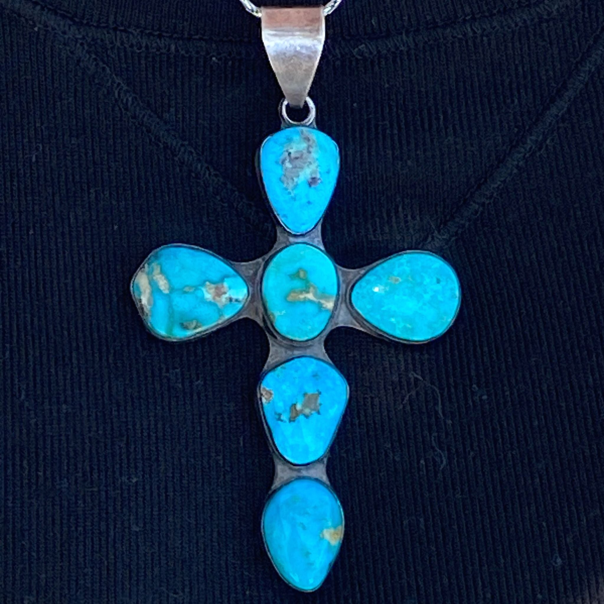 Federico Jimenez Sterling Silver 925 Large Turquoise Cross Pendant