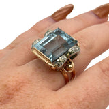 Vintage 18K Two-Tone Rose & White Gold 16.37ct Aquamarine Diamond Cocktail Ring Size 7