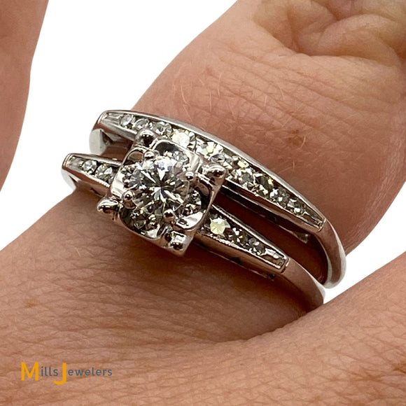 Vintage 14K White Gold 0.42ctw Diamond Bridal Wedding Ring/Band Set Size 7.25