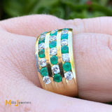 18K Yellow Gold 0.56cts Diamond 0.52cts Emerald Wide Band Ring Size 7.25