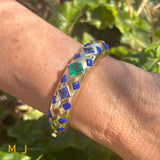 Signed OM 18K Yellow Gold GIA Zambian Emerald Lapis Tanzanite Bangle Bracelet